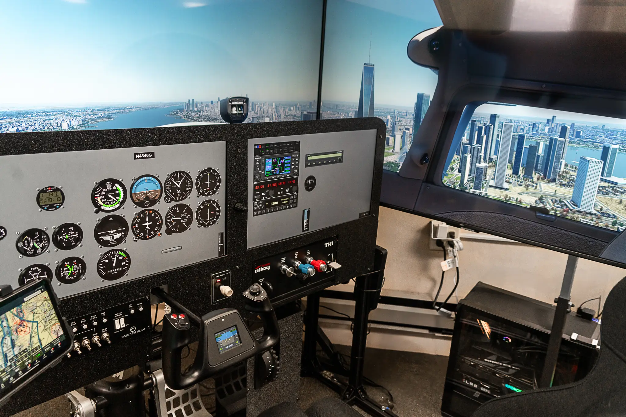 Student using FAA-approved flight simulator, beginner pilot training