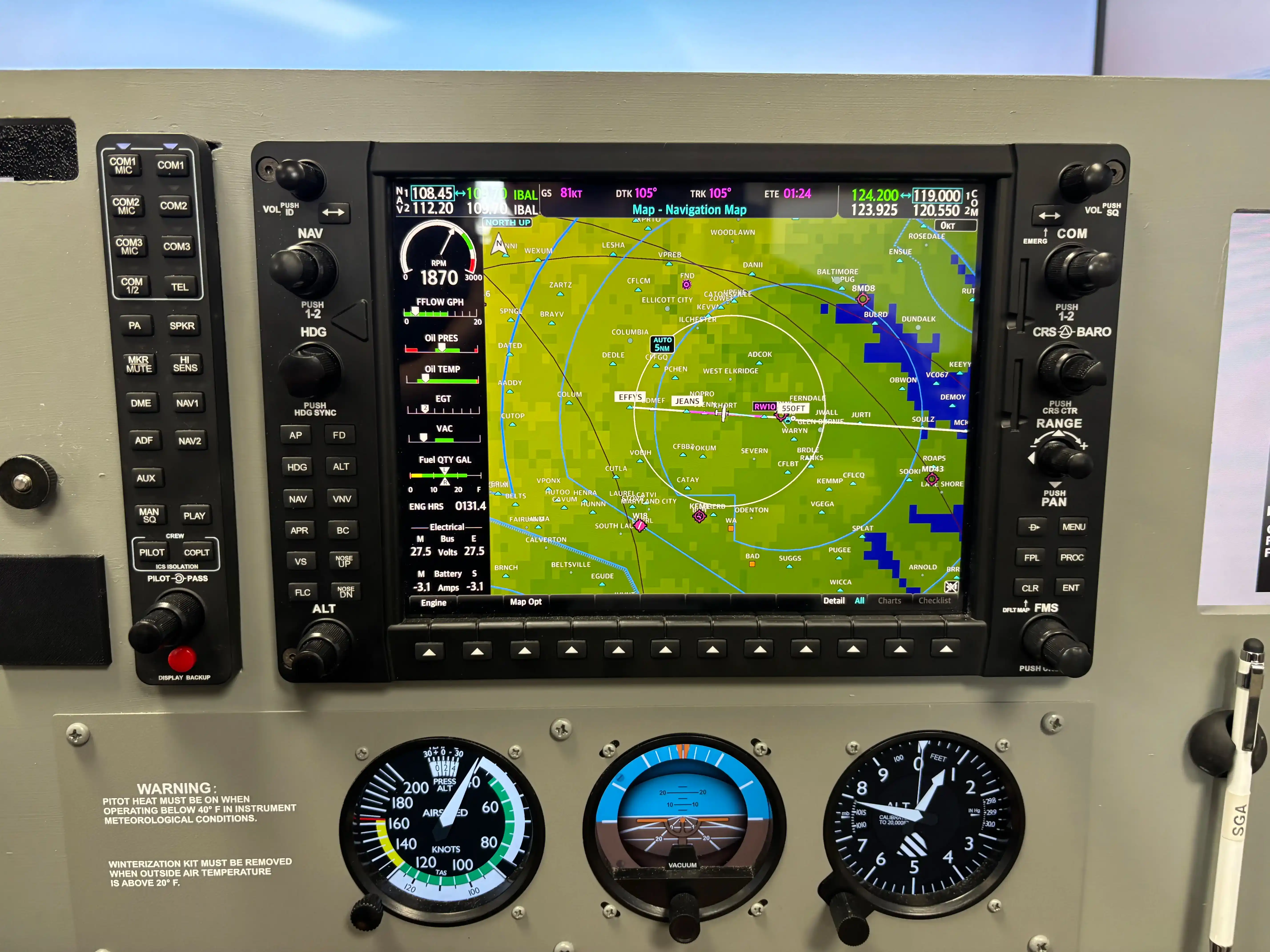 Avionics panel of the Solid Ground flight simulator in Maryland
