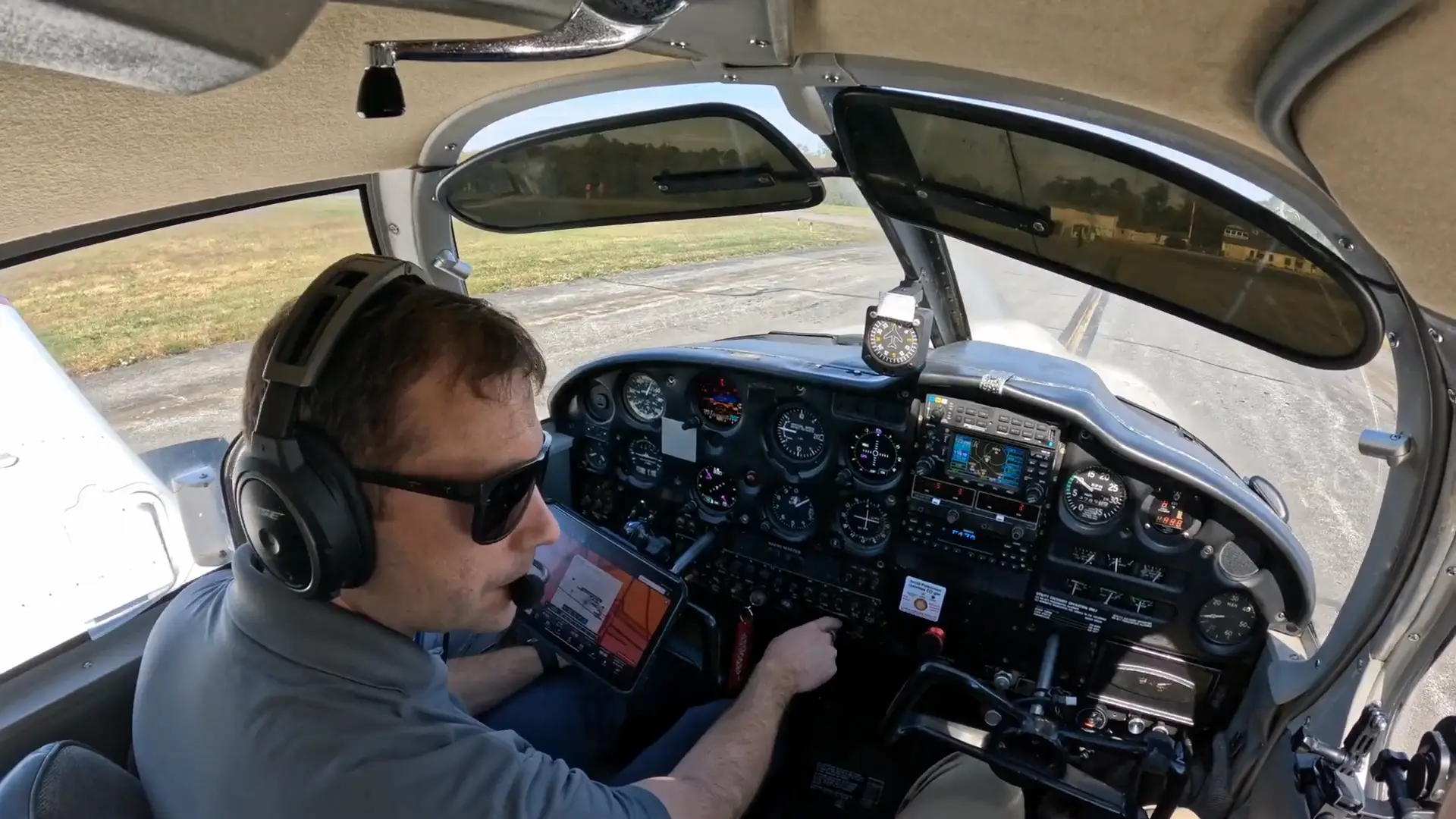 Pilot at the controls during takeoff in a training aircraft